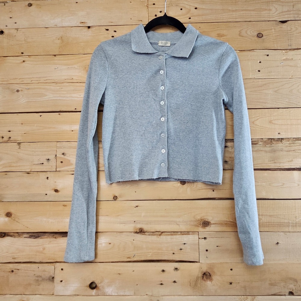 John Galt Brandy Melville Gray Ribbed Collared Cropped Top‎ OS Slim Fit